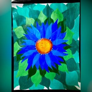 Handmade acrylic painting with a blue sunflower. Original artwork